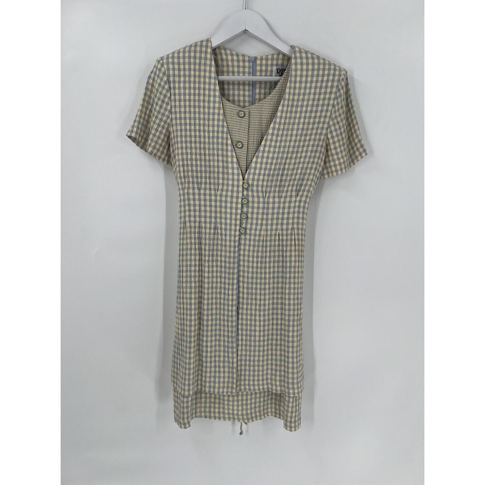 Dawn Joy II Shirt Dress Womens 4 Petite Yellow Blue Gingham Plaid Casual Layered